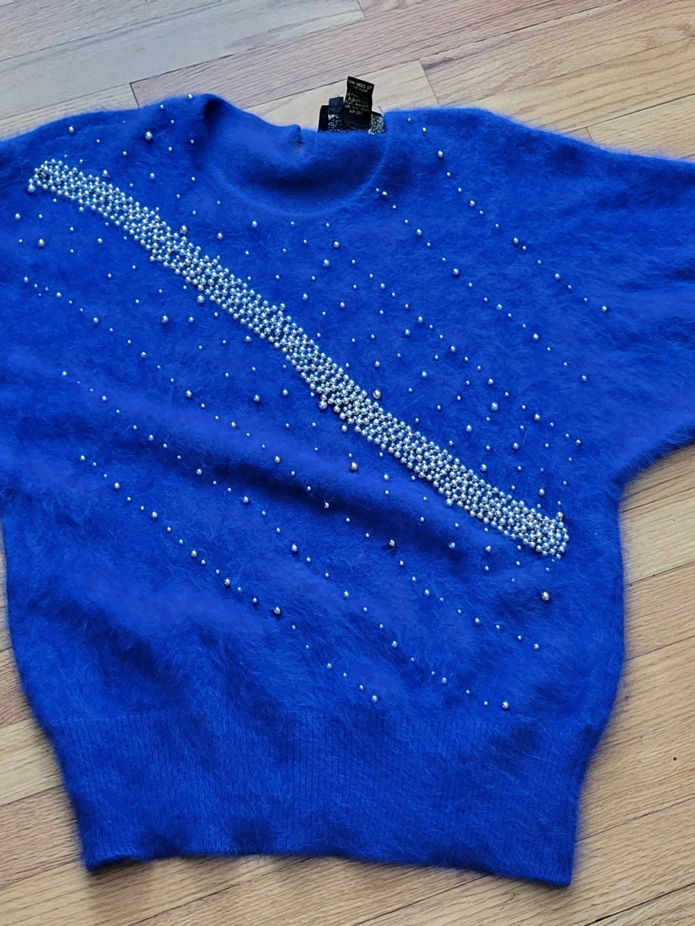 Authentic Vintage Blue Pearl-Embellished Fuzzy Crewneck Sweater Angora